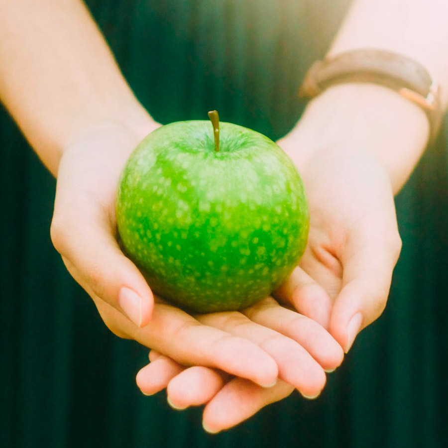 Green apple held in hands